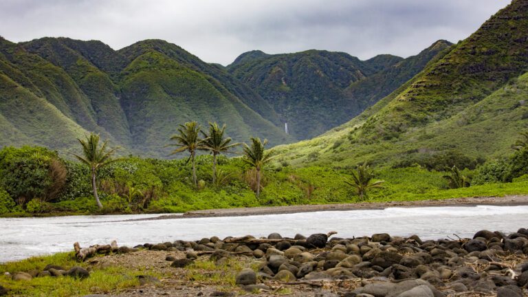 Molokai, Hawaii Beach & Green Mountain Cliffs.