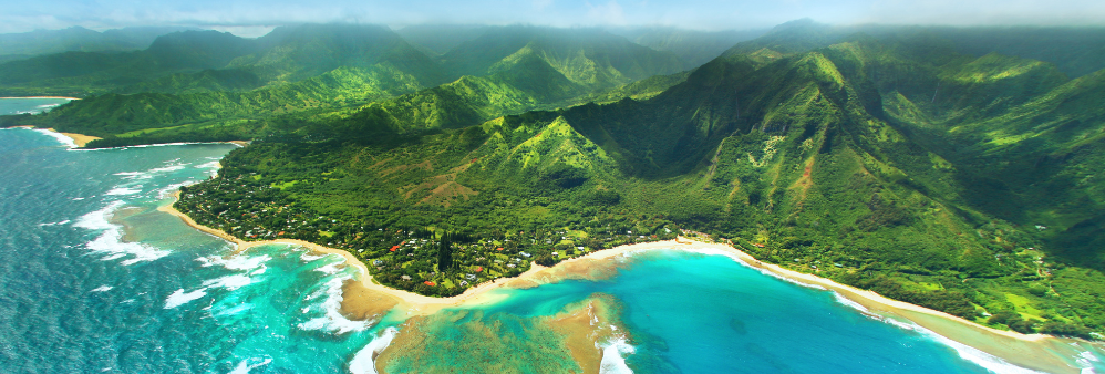 Hawaii aerial view, shoreline beach, lush green mountains
