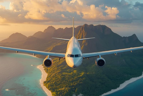 Aiplane flying over tropical island during sunset