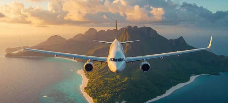 Aiplane flying over tropical island during sunset