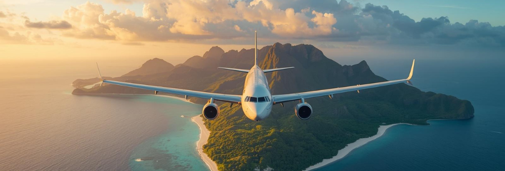 Aiplane flying over tropical island during sunset