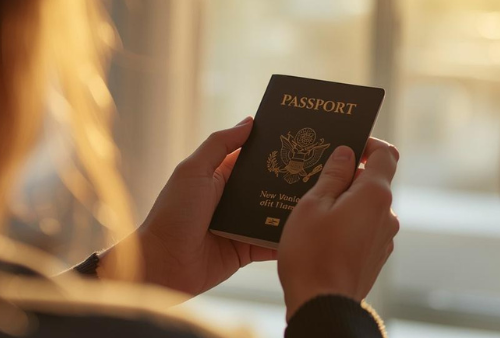 looking over woman's shoulder, she is holding a passport