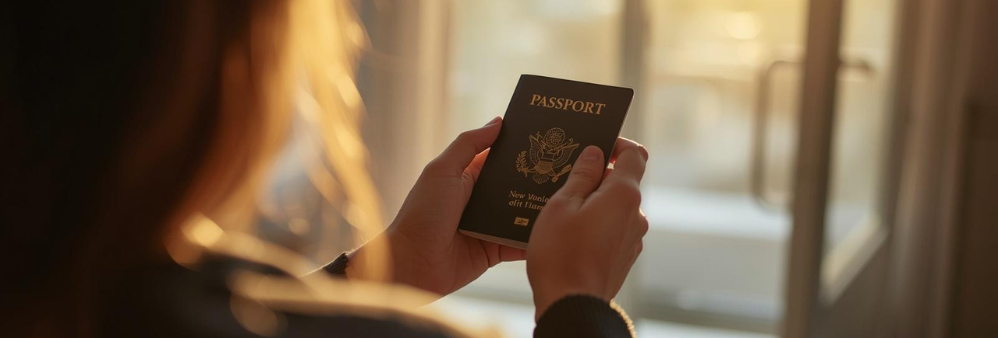 looking over woman's shoulder, she is holding a passport