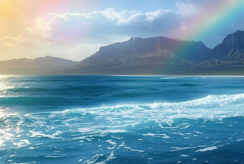 Rainbow and sun over tropical island beach