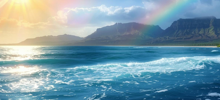 Rainbow and sun over tropical island beach