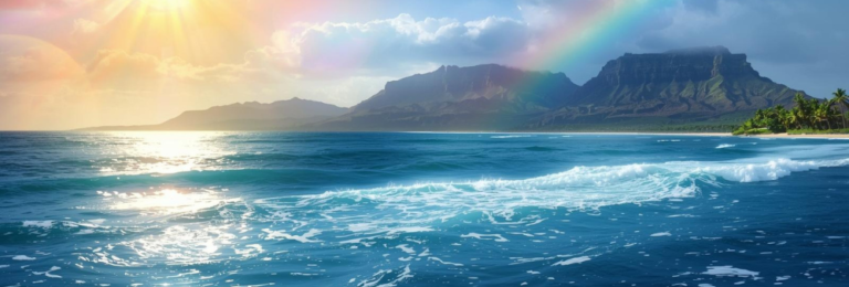 Rainbow and sun over tropical island beach