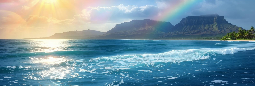Rainbow and sun over tropical island beach