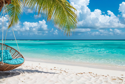 Rattan chair hanging on palm tree on beach.