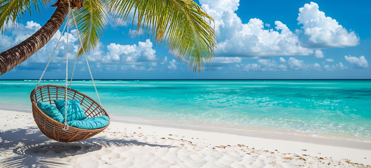 Rattan chair hanging on palm tree on beach.