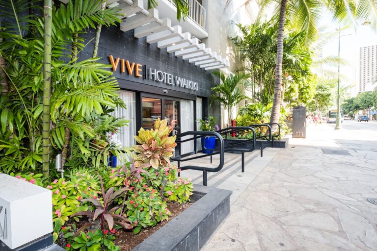 Outside view of Vive Hotel entrance in Waikiki.