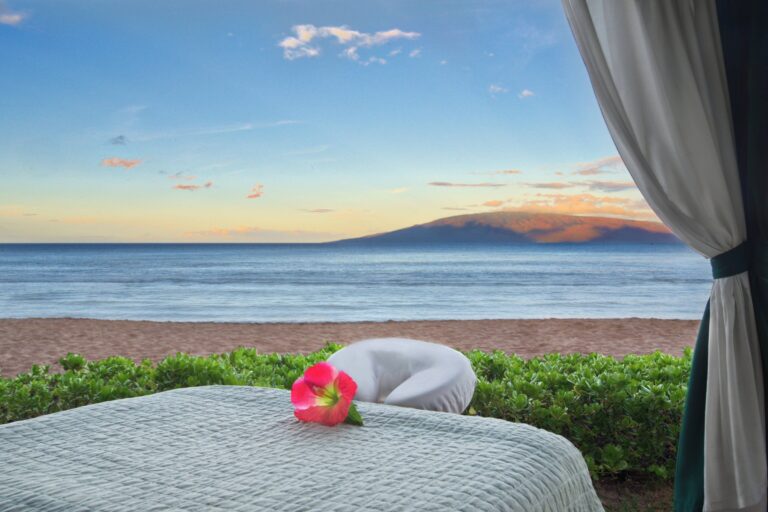 Spa bed on beachfront of Resort in Maui.