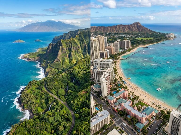 Aerial view Maui vs. Oahu. Oahu city scape, Maui green mountains.