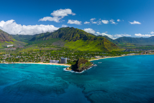 Aerial panorama of the west coast of Oahu near Makaha Valley, Hawaii