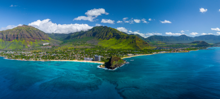 Aerial panorama of the west coast of Oahu near Makaha Valley, Hawaii