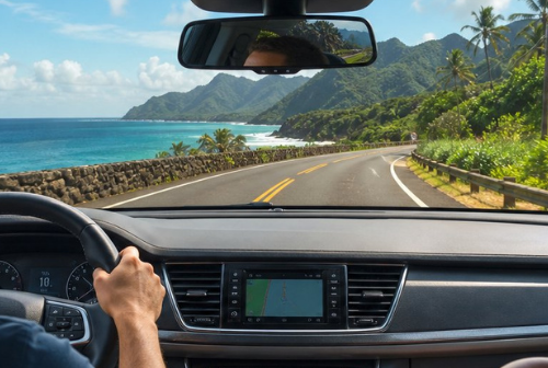 Car driving with couple looking out at tropical view with green mountains and blue ocean.