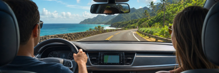 Car driving with couple looking out at tropical view with green mountains and blue ocean.
