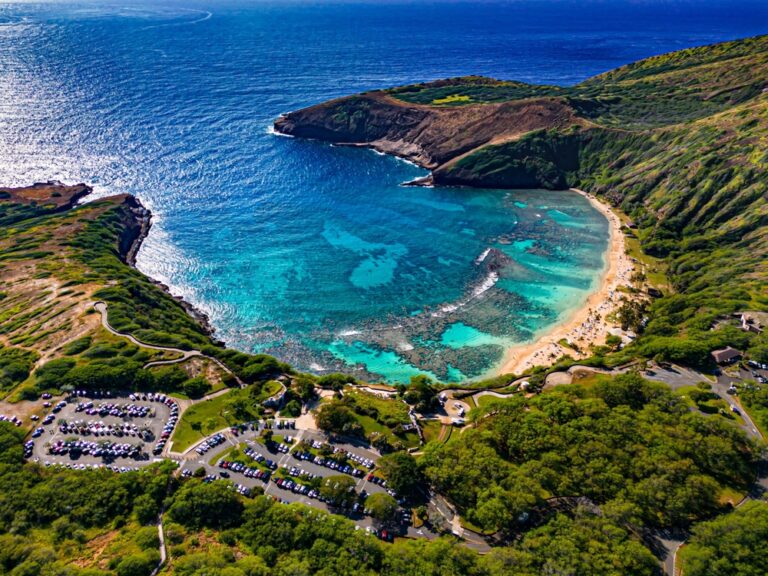 Aerial view of crater bay, beach, blue water