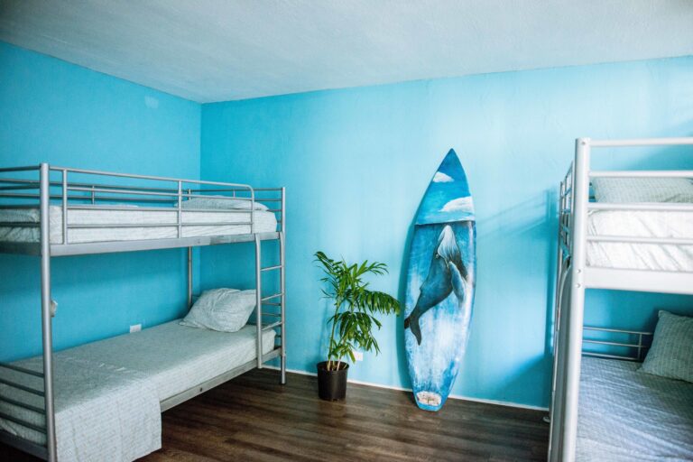 inside hostel room with bunkbeds and surfboard decor
